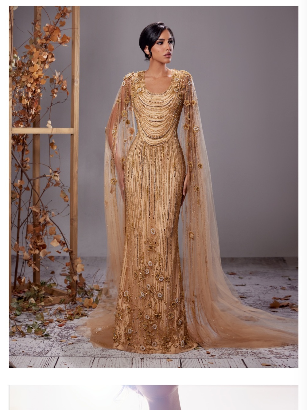 Ahmed Essa Gold Beaded Wedding Dress with Sheer Overlay